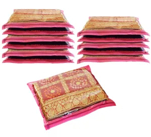 Homestic Foldable Single saree covers with Zip|Saree Storage Bags|Clothes Organiser for wardrobe Set of 12|Transparent Top With Premium Zipper|Pink