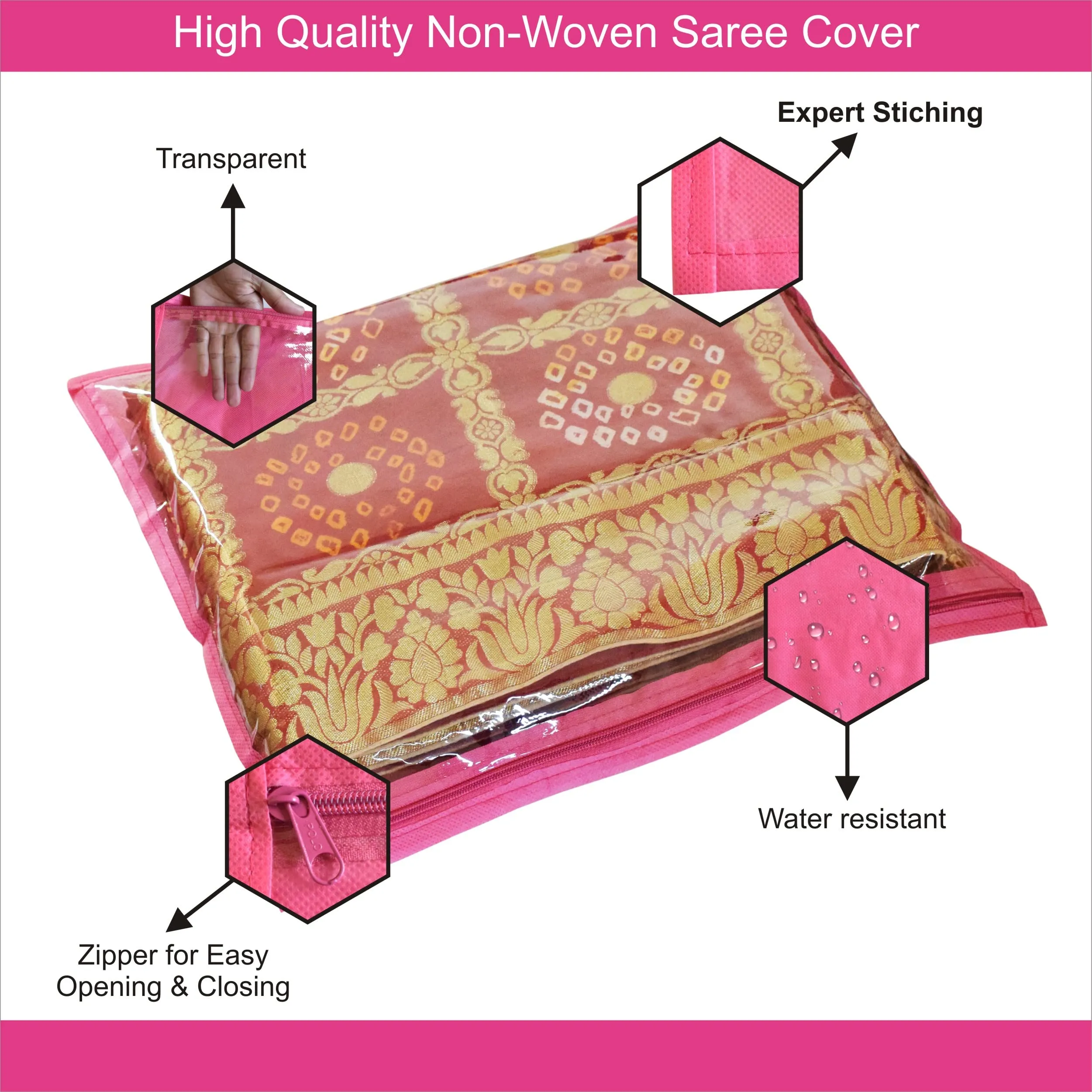 Homestic Foldable Single saree covers with Zip|Saree Storage Bags|Clothes Organiser for wardrobe Set of 12|Transparent Top With Premium Zipper|Pink