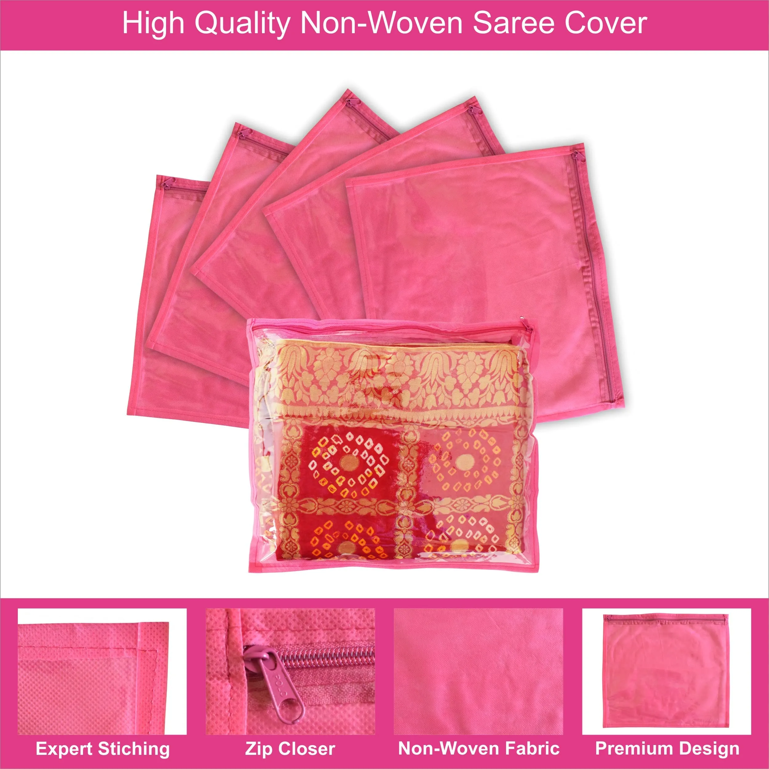 Homestic Foldable Single saree covers with Zip|Saree Storage Bags|Clothes Organiser for wardrobe Set of 12|Transparent Top With Premium Zipper|Pink