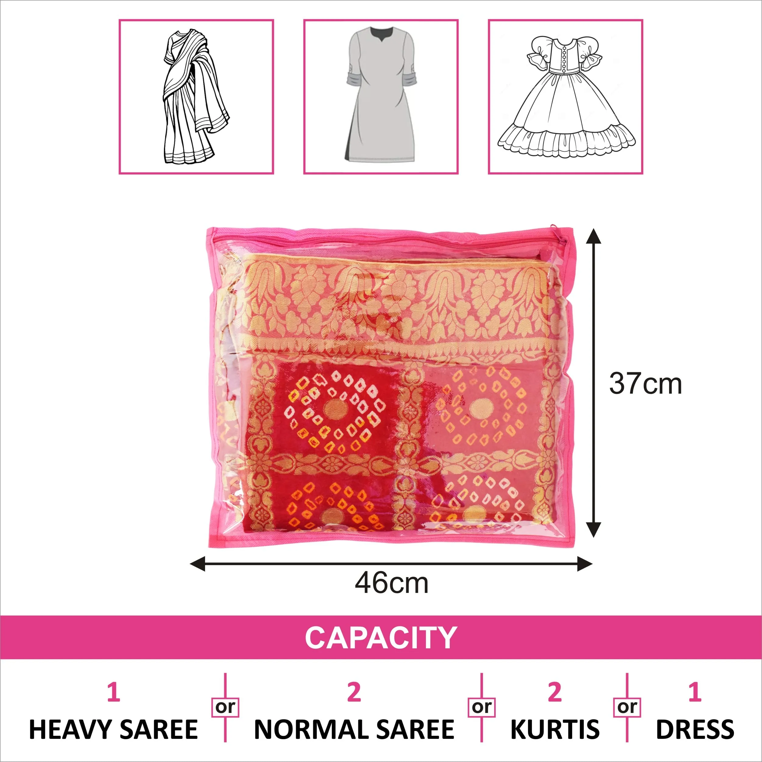 Homestic Foldable Single saree covers with Zip|Saree Storage Bags|Clothes Organiser for wardrobe Set of 12|Transparent Top With Premium Zipper|Pink