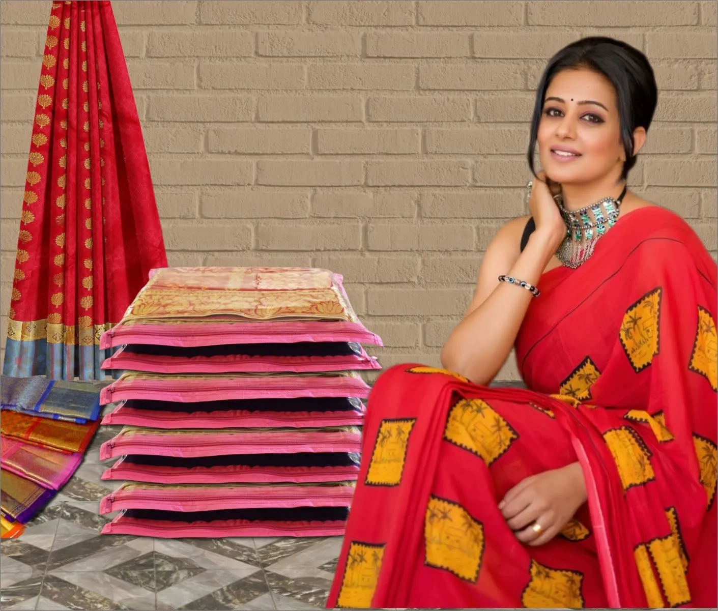 Homestic Foldable Single saree covers with Zip|Saree Storage Bags|Clothes Organiser for wardrobe Set of 12|Transparent Top With Premium Zipper|Pink