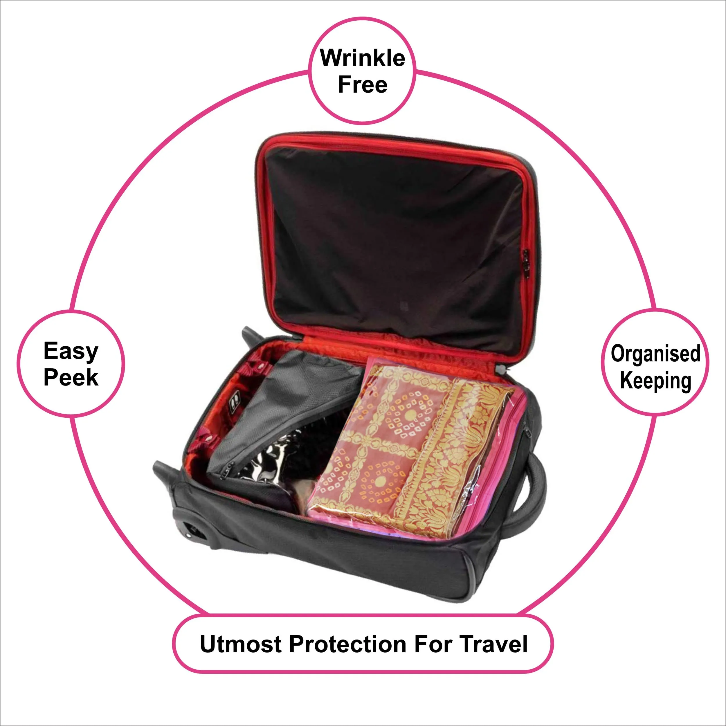 Homestic Foldable Single saree covers with Zip|Saree Storage Bags|Clothes Organiser for wardrobe Set of 12|Transparent Top With Premium Zipper|Pink
