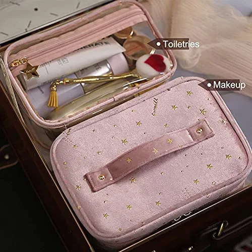 HOYOFO Velvet Makeup Bag for Women Double-layer Travel Cosmetic Case Set of 2 Make up Bags with Handle/Brush Holder (F-Pink Set)