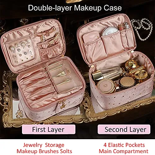 HOYOFO Velvet Makeup Bag for Women Double-layer Travel Cosmetic Case Set of 2 Make up Bags with Handle/Brush Holder (F-Pink Set)