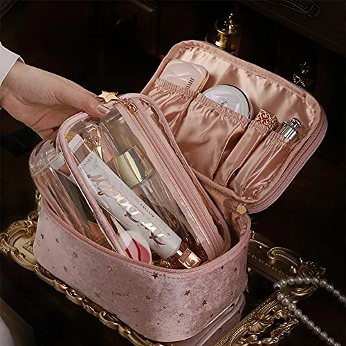 HOYOFO Velvet Makeup Bag for Women Double-layer Travel Cosmetic Case Set of 2 Make up Bags with Handle/Brush Holder (F-Pink Set)