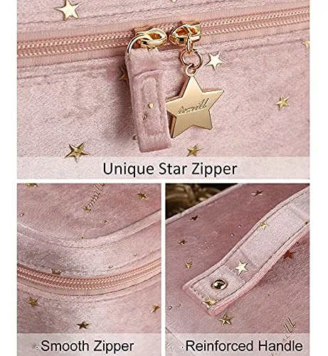 HOYOFO Velvet Makeup Bag for Women Double-layer Travel Cosmetic Case Set of 2 Make up Bags with Handle/Brush Holder (F-Pink Set)