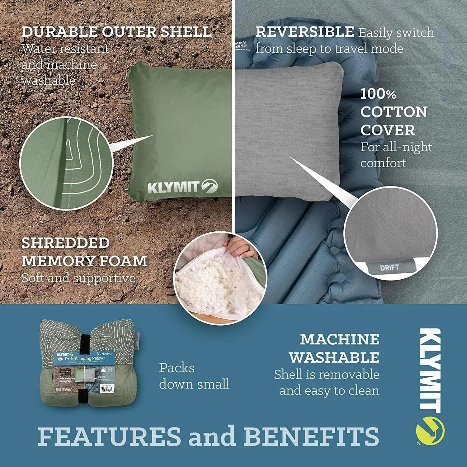 Klymit Drift Camping Pillow, Shredded Memory Foam Travel Pillow
