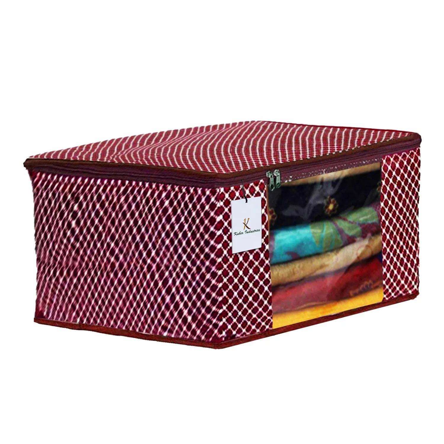 Kuber Industries Cotton 3 Layered Quilted Saree Cover|Polka Dots & Sturdy Material|Zipper Closure & Transparent Window |Pack of 3 (Maroon) - CTKTC031053