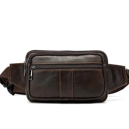 Leather Men's Head Leather Waist Bag with Zipper Pockets and Cowhide Material