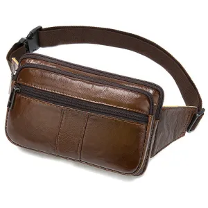 Leather Men's Head Leather Waist Bag with Zipper Pockets and Cowhide Material