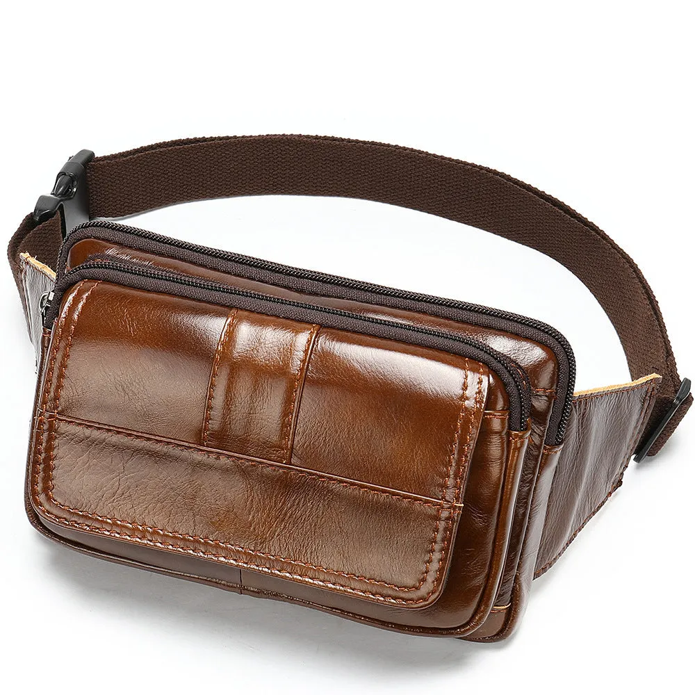 Leather Men's Head Leather Waist Bag with Zipper Pockets and Cowhide Material