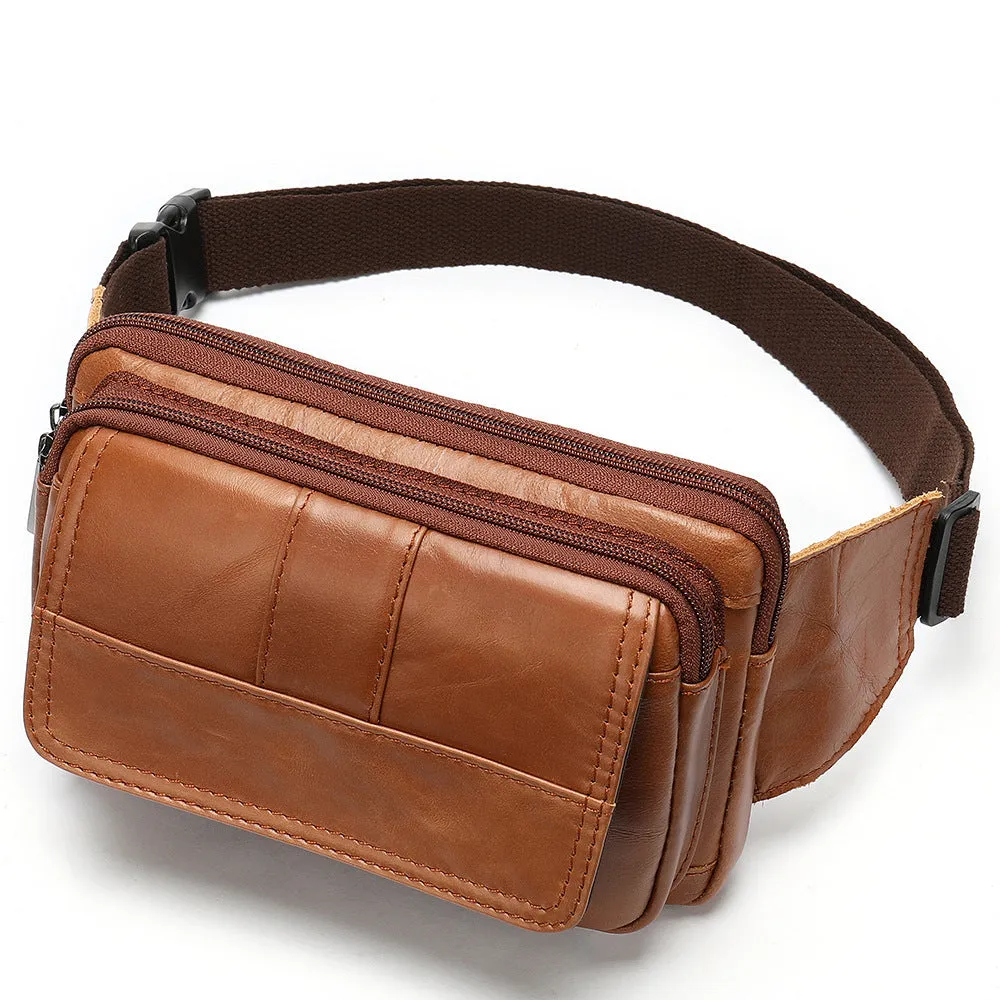 Leather Men's Head Leather Waist Bag with Zipper Pockets and Cowhide Material