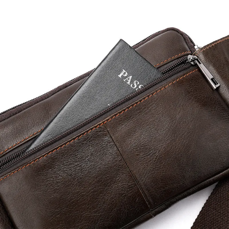 Leather Men's Head Leather Waist Bag with Zipper Pockets and Cowhide Material