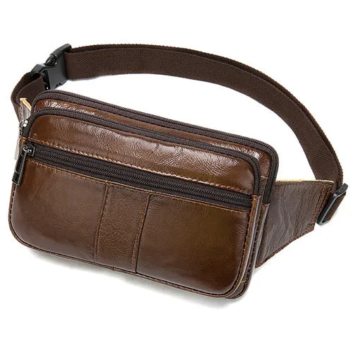 Leather Men's Head Leather Waist Bag with Zipper Pockets and Cowhide Material