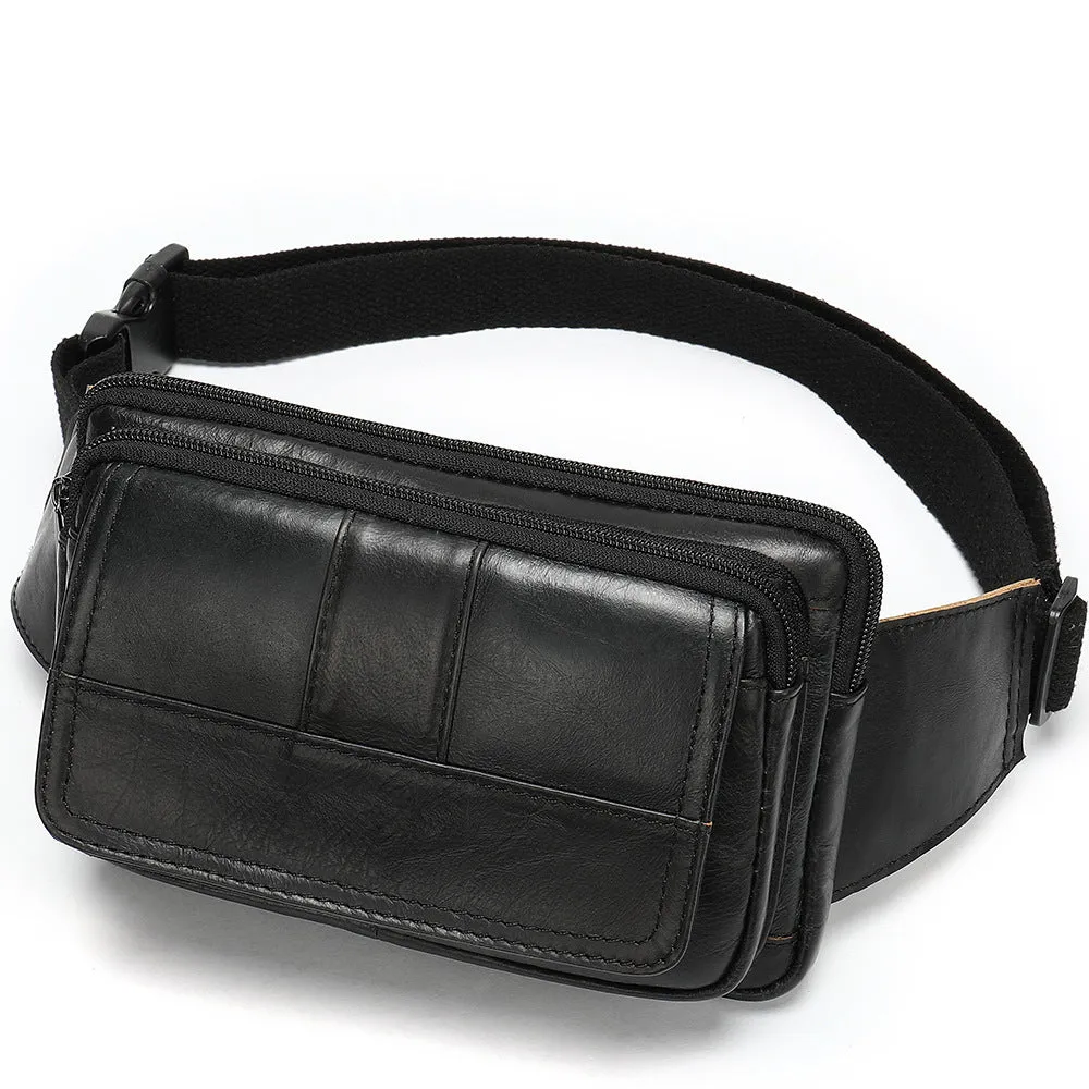Leather Men's Head Leather Waist Bag with Zipper Pockets and Cowhide Material