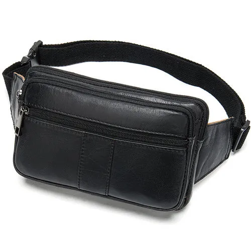 Leather Men's Head Leather Waist Bag with Zipper Pockets and Cowhide Material