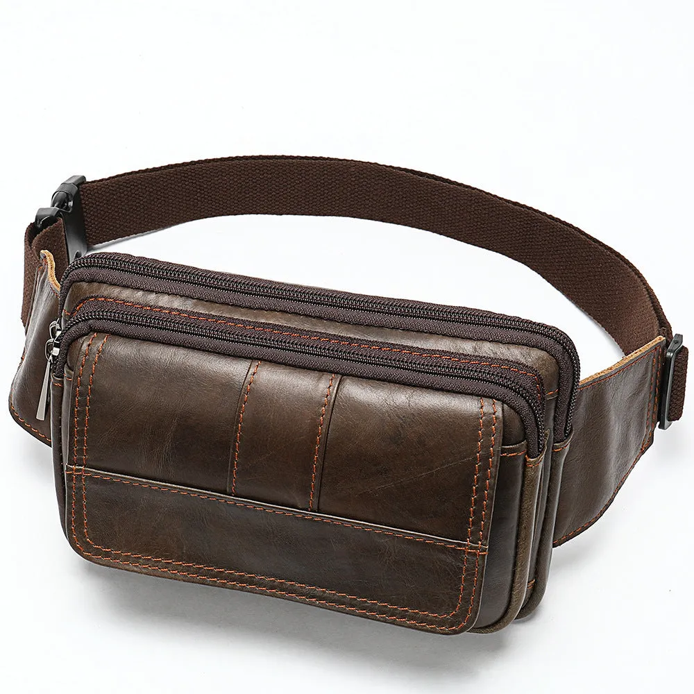 Leather Men's Head Leather Waist Bag with Zipper Pockets and Cowhide Material