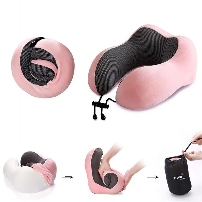 Memory Foam Head Support Travel Neck Pillow w. Storage Bag