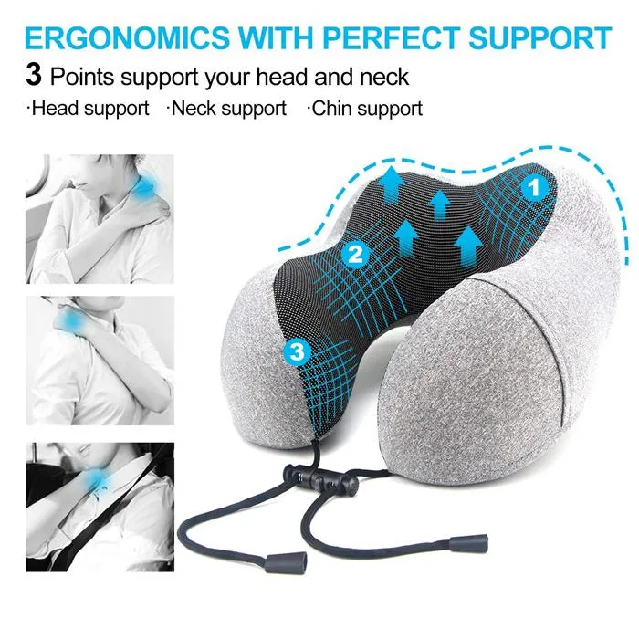 Memory Foam Head Support Travel Neck Pillow w. Storage Bag