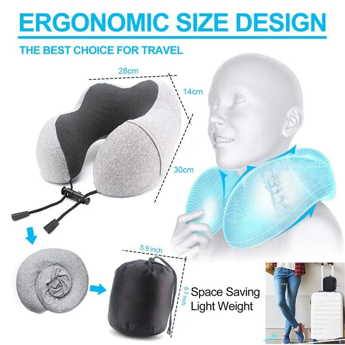 Memory Foam Head Support Travel Neck Pillow w. Storage Bag
