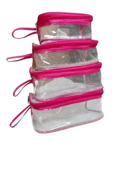 Multipurpose Transparent Travel Pouches Pink Makeup Bags for Women (25 x 13 x 10 cm,Set of 4,