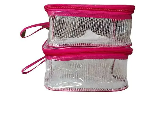 Multipurpose Transparent Travel Pouches Pink Makeup Bags for Women (25 x 13 x 10 cm,Set of 4,