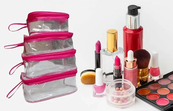 Multipurpose Transparent Travel Pouches Pink Makeup Bags for Women (25 x 13 x 10 cm,Set of 4,