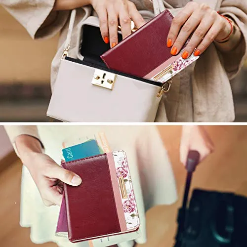 Passport Holder Cover Travel Wallet RFID Blocking Cute Flowers Passport Wallet with Elastic Band for Women,Red