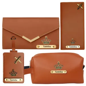 Personalized 4-in-1 Ladies Wallet, Travel Pouch, Luggage Tag & Passport Cover Set -Tan