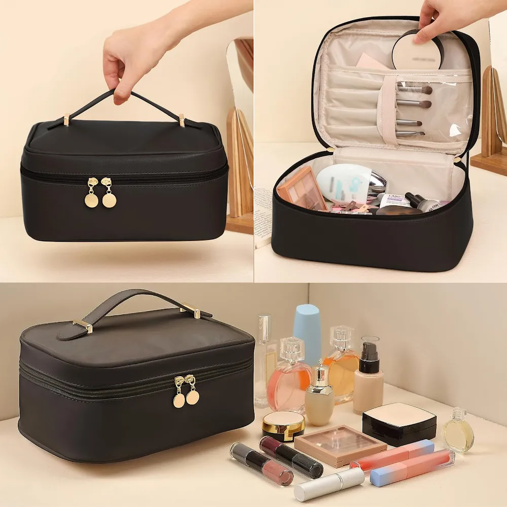 StitchesandTweed Noir Vegan Leather Travel Make Up Cosmetic Bag