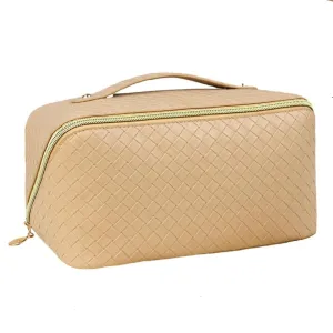 StitchesandTweed Travel Cosmetic Bag, Large Capacity Vegan Leather Travel Make Up Bag, Cosmetic Storage Bag with Carrying Handle - Paille