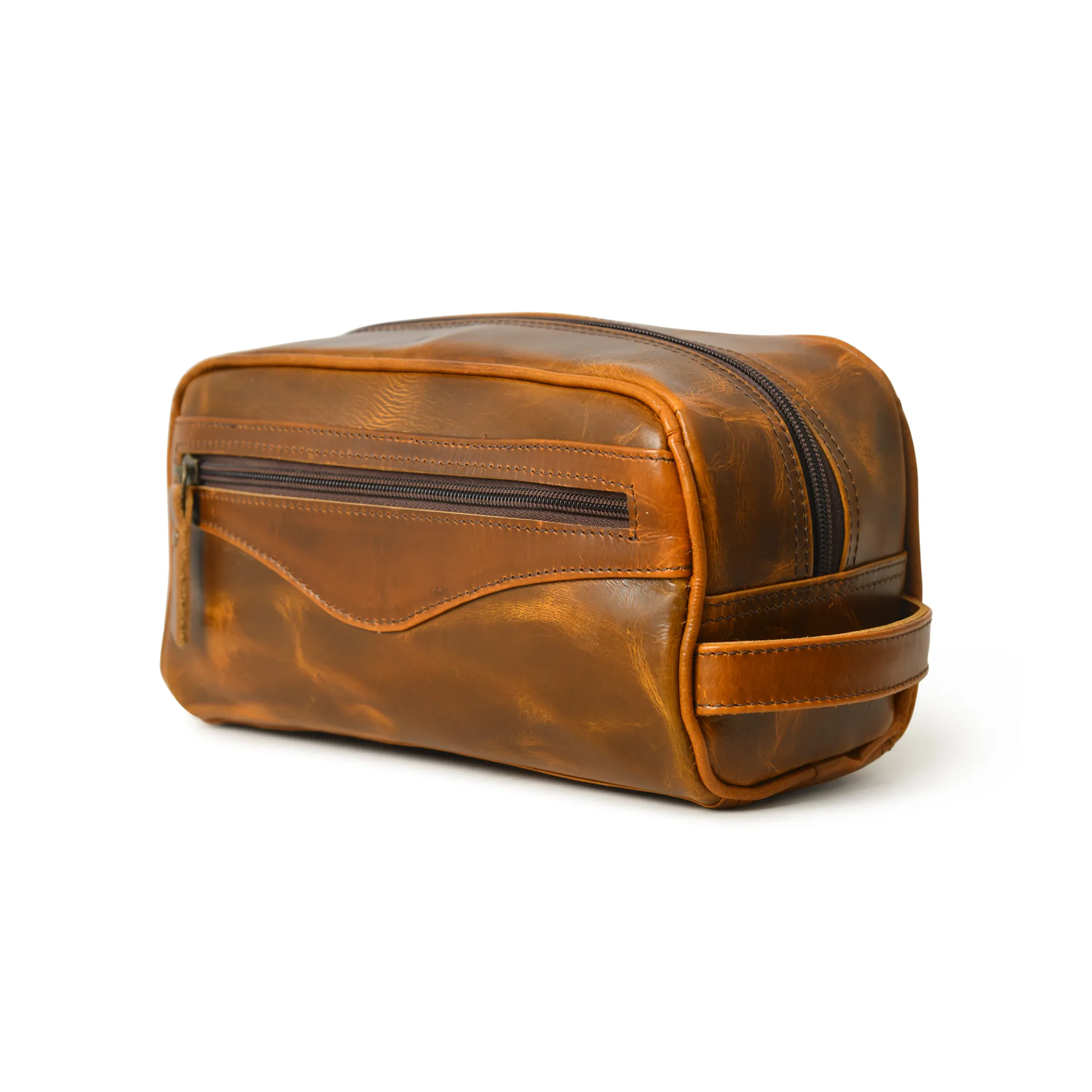 Water Resistant Top Grain Leather Toiletry Bag with Double Zipper