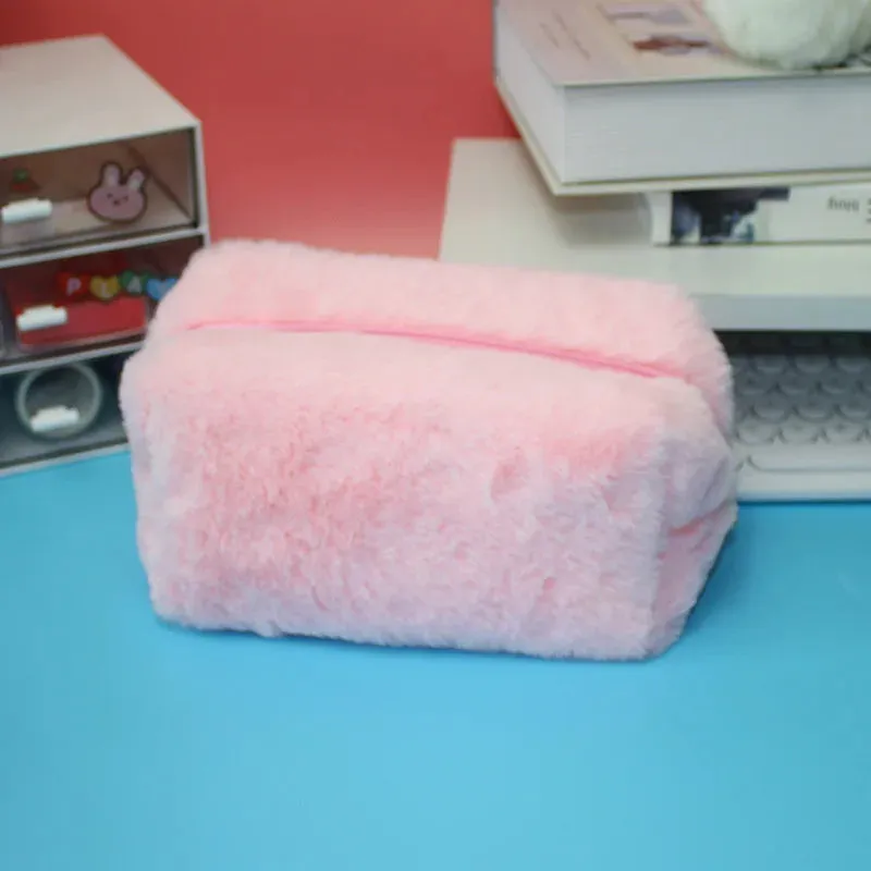 Zipper Large Solid Color Cosmetic Bag Cute Fur Makeup Bag
