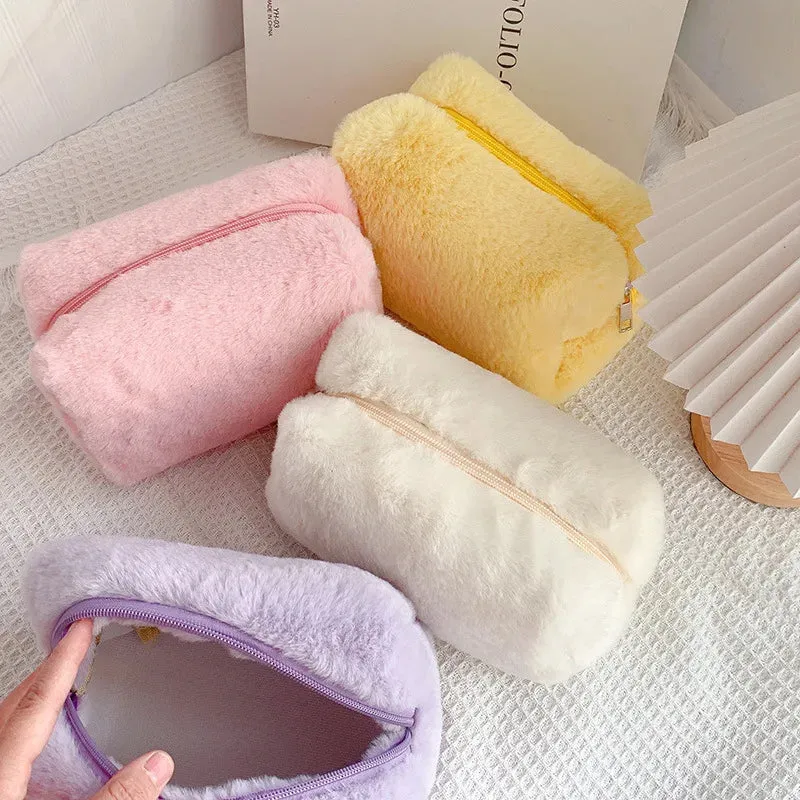 Zipper Large Solid Color Cosmetic Bag Cute Fur Makeup Bag