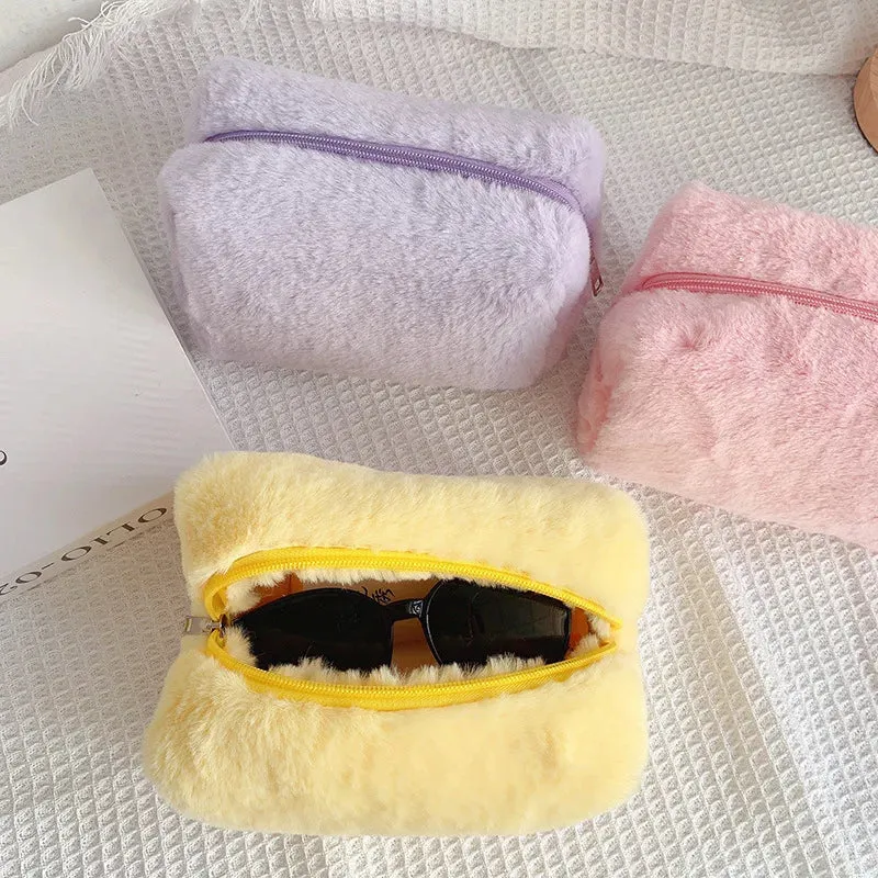 Zipper Large Solid Color Cosmetic Bag Cute Fur Makeup Bag