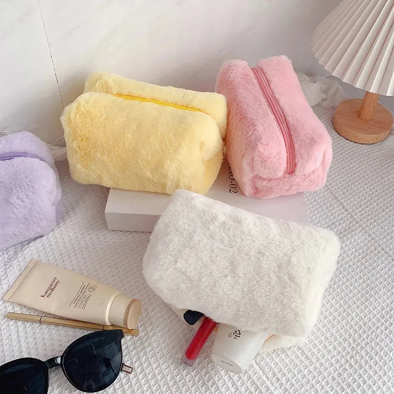 Zipper Large Solid Color Cosmetic Bag Cute Fur Makeup Bag
