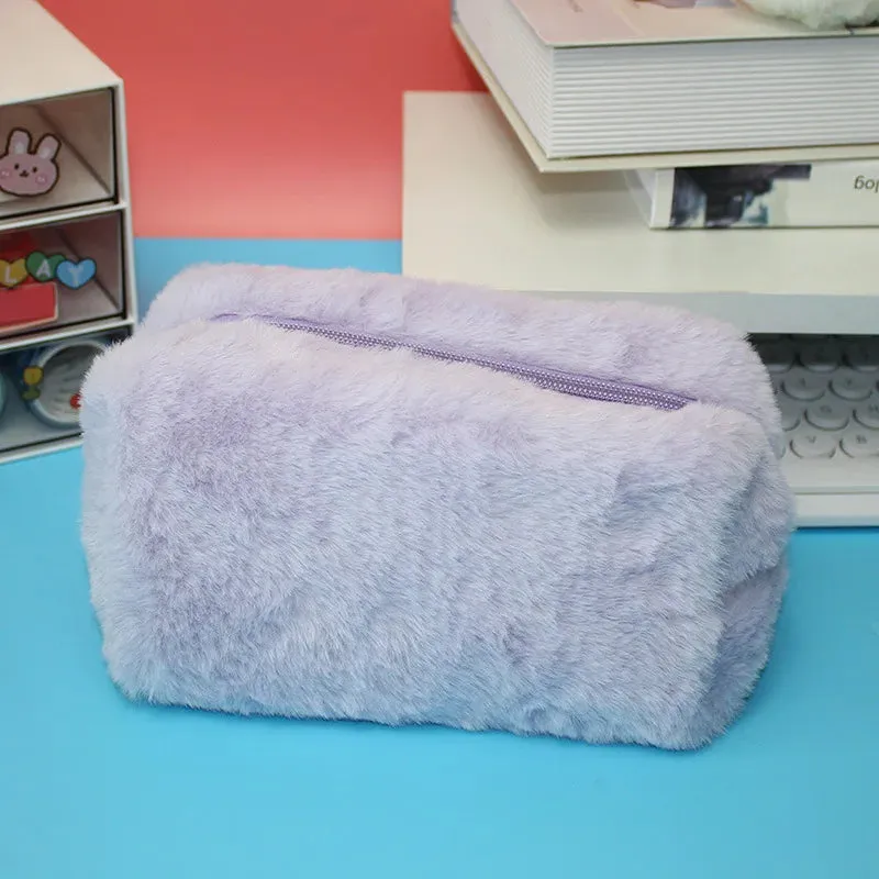 Zipper Large Solid Color Cosmetic Bag Cute Fur Makeup Bag