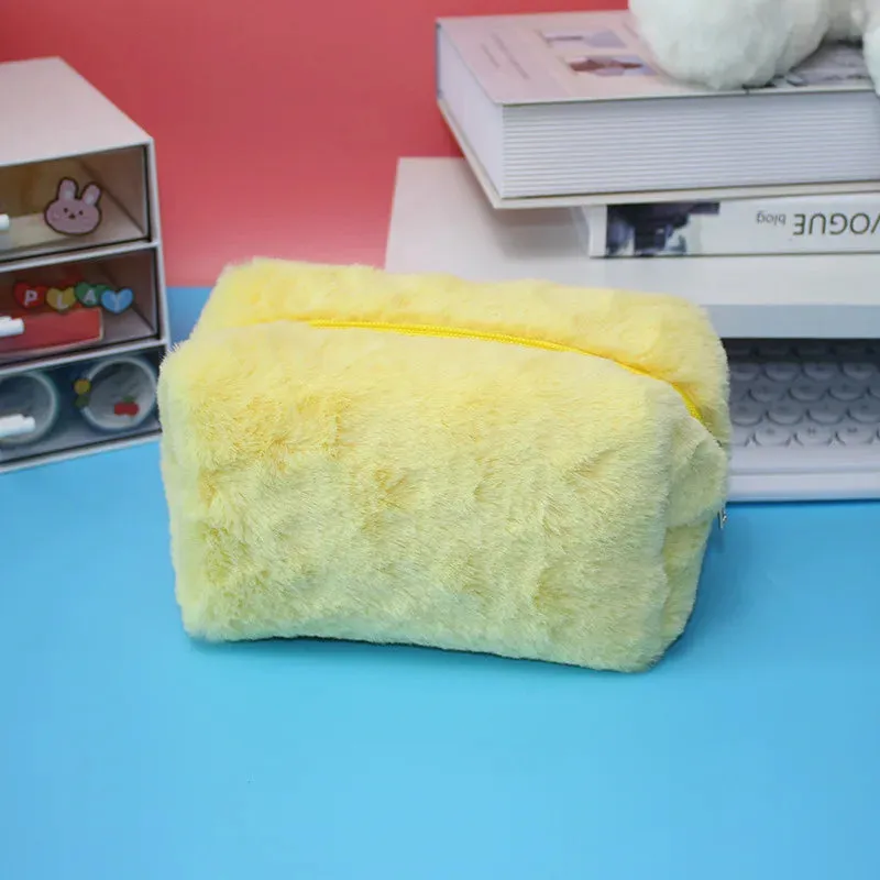 Zipper Large Solid Color Cosmetic Bag Cute Fur Makeup Bag