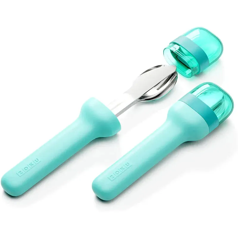 Zoku Pocket Stainless Steel Cutlery with Travel Case | Set of 3 | Teal Color